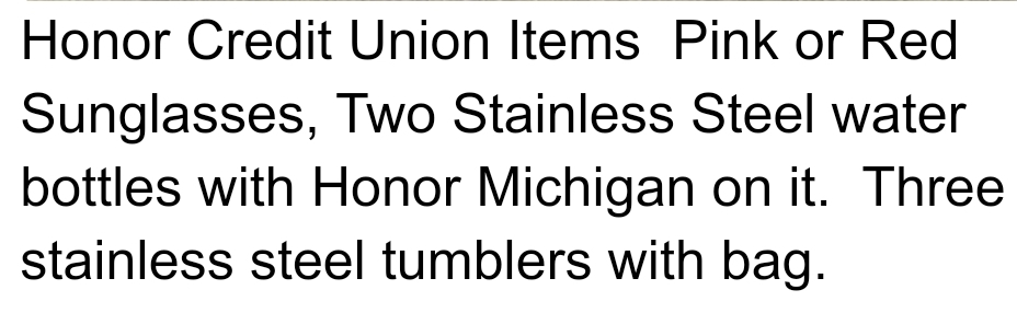 Honor Credit Union bundle with sunglasses water bottles and tumbler with bag.jpg